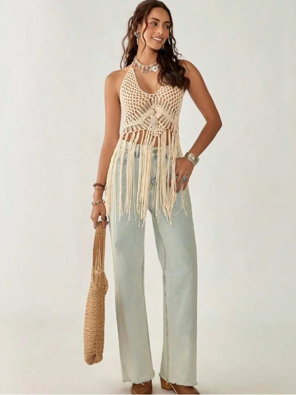 Bohemian Festival Crochet Halter Fringe Top in Cream - Picture 3 of 7